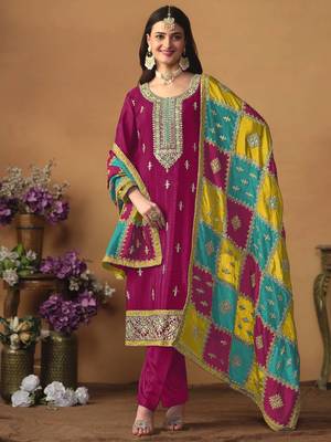 Rani pink chinon silk heavy thread embroidery with sequis work salwar kameez 1