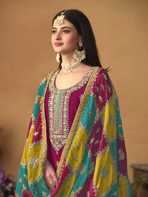 Rani pink chinon silk heavy thread embroidery with sequis work salwar kameez 2