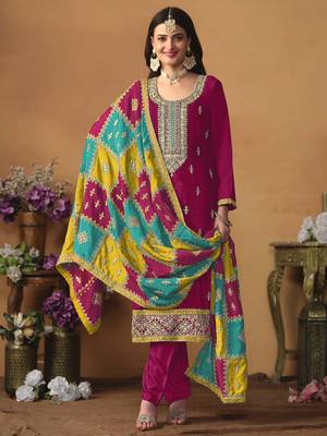 Rani pink chinon silk heavy thread embroidery with sequis work salwar kameez 3