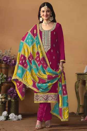 Rani pink chinon silk heavy thread embroidery with sequis work salwar kameez