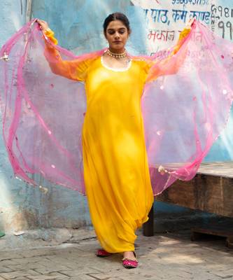 Alphanso yellow gown with fuchsia cape 4
