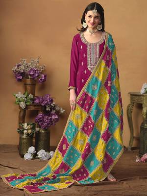 Rani pink chinon silk heavy thread embroidery with sequis work salwar kameez 4
