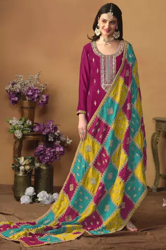 Rani pink chinon silk heavy thread embroidery with sequis work salwar kameez