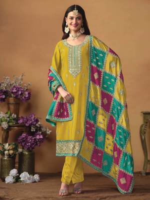 Mustard chinon silk heavy thread embroidery with sequis work salwar kameez 1