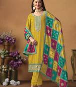 Mustard chinon silk heavy thread embroidery with sequis work salwar kameez