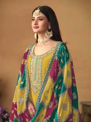 Mustard chinon silk heavy thread embroidery with sequis work salwar kameez 2