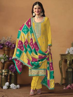 Mustard chinon silk heavy thread embroidery with sequis work salwar kameez 3