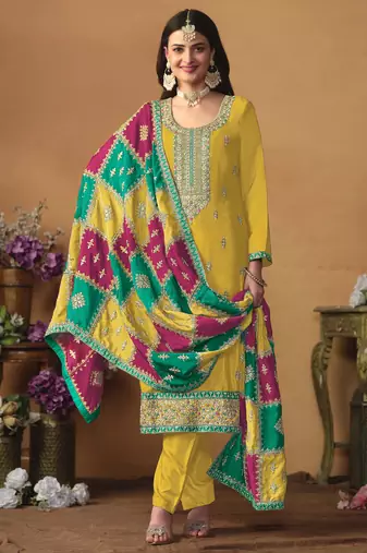 Mustard chinon silk heavy thread embroidery with sequis work salwar kameez