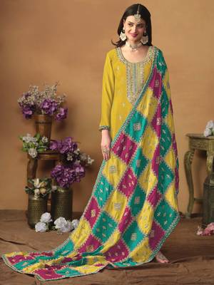 Mustard chinon silk heavy thread embroidery with sequis work salwar kameez 4