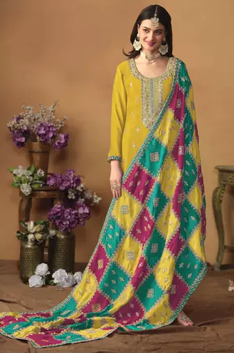 Mustard chinon silk heavy thread embroidery with sequis work salwar kameez