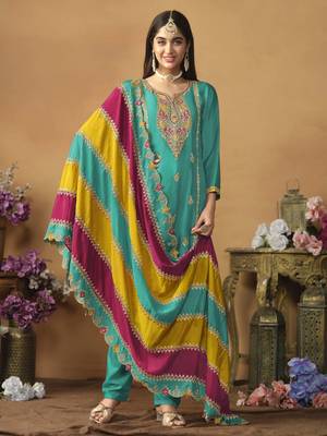 Teal green chinon silk heavy thread embroidery with sequis work salwar kameez 1