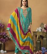 Teal green chinon silk heavy thread embroidery with sequis work salwar kameez