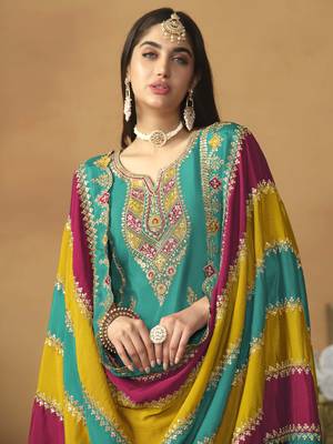 Teal green chinon silk heavy thread embroidery with sequis work salwar kameez 2