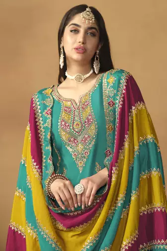 Teal green chinon silk heavy thread embroidery with sequis work salwar kameez