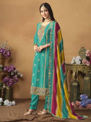Teal green chinon silk heavy thread embroidery with sequis work salwar kameez 3