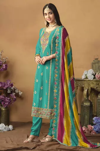 Teal green chinon silk heavy thread embroidery with sequis work salwar kameez