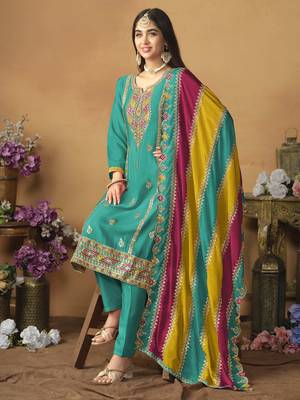 Teal green chinon silk heavy thread embroidery with sequis work salwar kameez 4