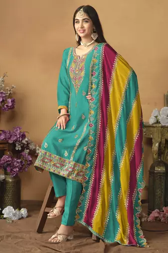 Teal green chinon silk heavy thread embroidery with sequis work salwar kameez