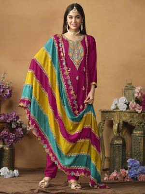Rani pink chinon silk heavy thread embroidery with sequis work salwar kameez 1