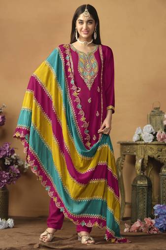 Rani pink chinon silk heavy thread embroidery with sequis work salwar kameez