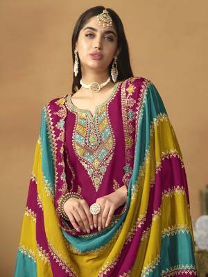 Rani pink chinon silk heavy thread embroidery with sequis work salwar kameez 2