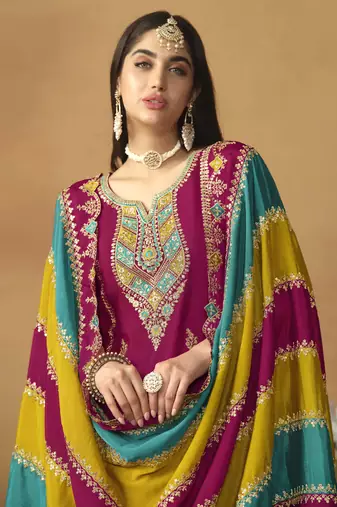 Rani pink chinon silk heavy thread embroidery with sequis work salwar kameez