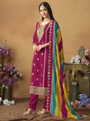 Rani pink chinon silk heavy thread embroidery with sequis work salwar kameez 3