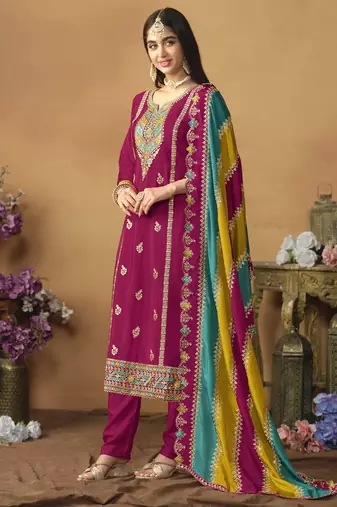 Rani pink chinon silk heavy thread embroidery with sequis work salwar kameez