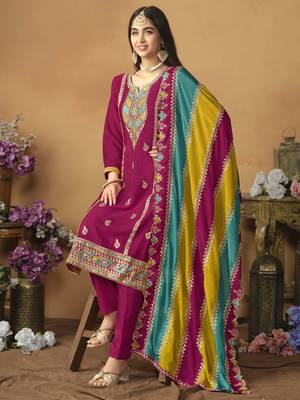 Rani pink chinon silk heavy thread embroidery with sequis work salwar kameez 4
