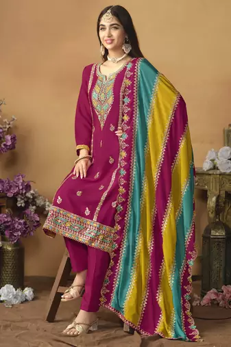 Rani pink chinon silk heavy thread embroidery with sequis work salwar kameez