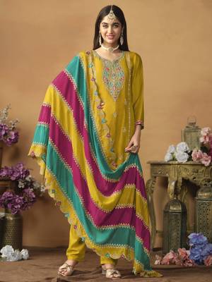 Mustard chinon silk heavy thread embroidery with sequis work salwar kameez 1