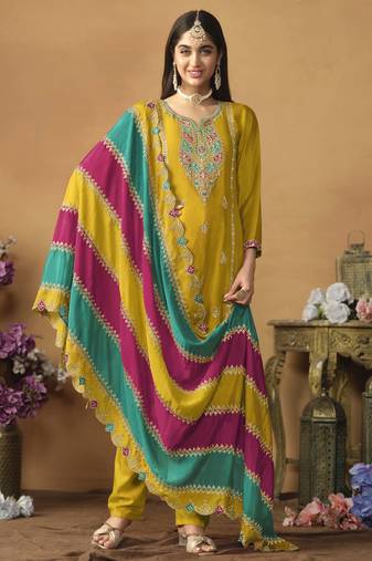 Mustard chinon silk heavy thread embroidery with sequis work salwar kameez