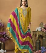 Mustard chinon silk heavy thread embroidery with sequis work salwar kameez