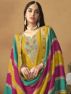 Mustard chinon silk heavy thread embroidery with sequis work salwar kameez 2