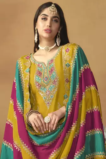 Mustard chinon silk heavy thread embroidery with sequis work salwar kameez