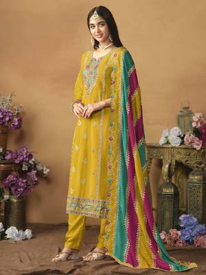 Mustard chinon silk heavy thread embroidery with sequis work salwar kameez 3
