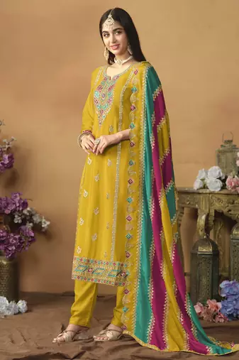 Mustard chinon silk heavy thread embroidery with sequis work salwar kameez