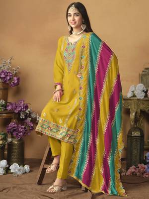 Mustard chinon silk heavy thread embroidery with sequis work salwar kameez 4