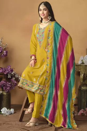 Mustard chinon silk heavy thread embroidery with sequis work salwar kameez