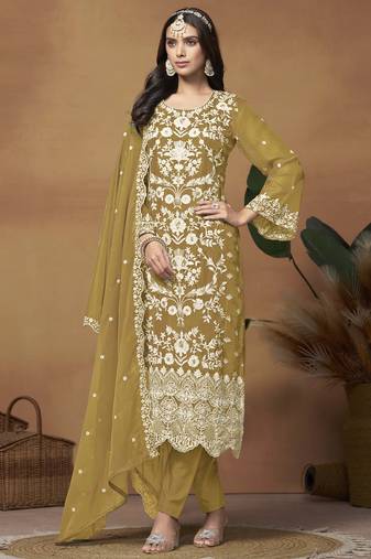 Mustard soft organza heavy thread embroidery with sequis work salwar kameez