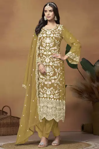 Mustard soft organza heavy thread embroidery with sequis work salwar kameez