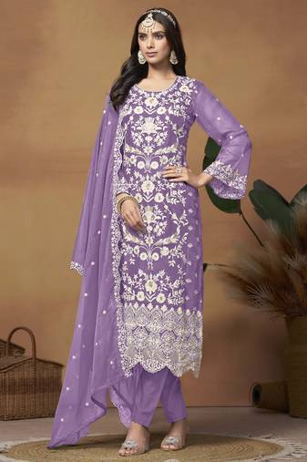 Lavender soft organza heavy thread embroidery with sequis work salwar kameez