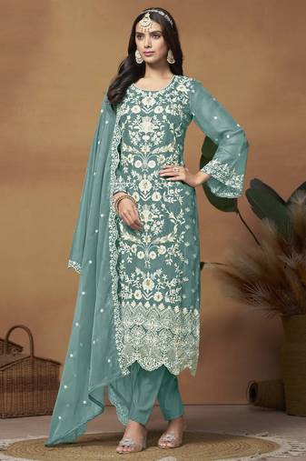 Teal soft organza heavy thread embroidery with sequis work salwar kameez