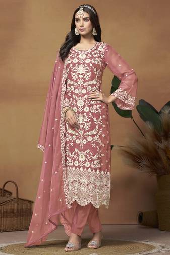 Dusty pink soft organza heavy thread embroidery with sequis work salwar kameez