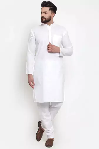 Men white solid cotton kurta pajama