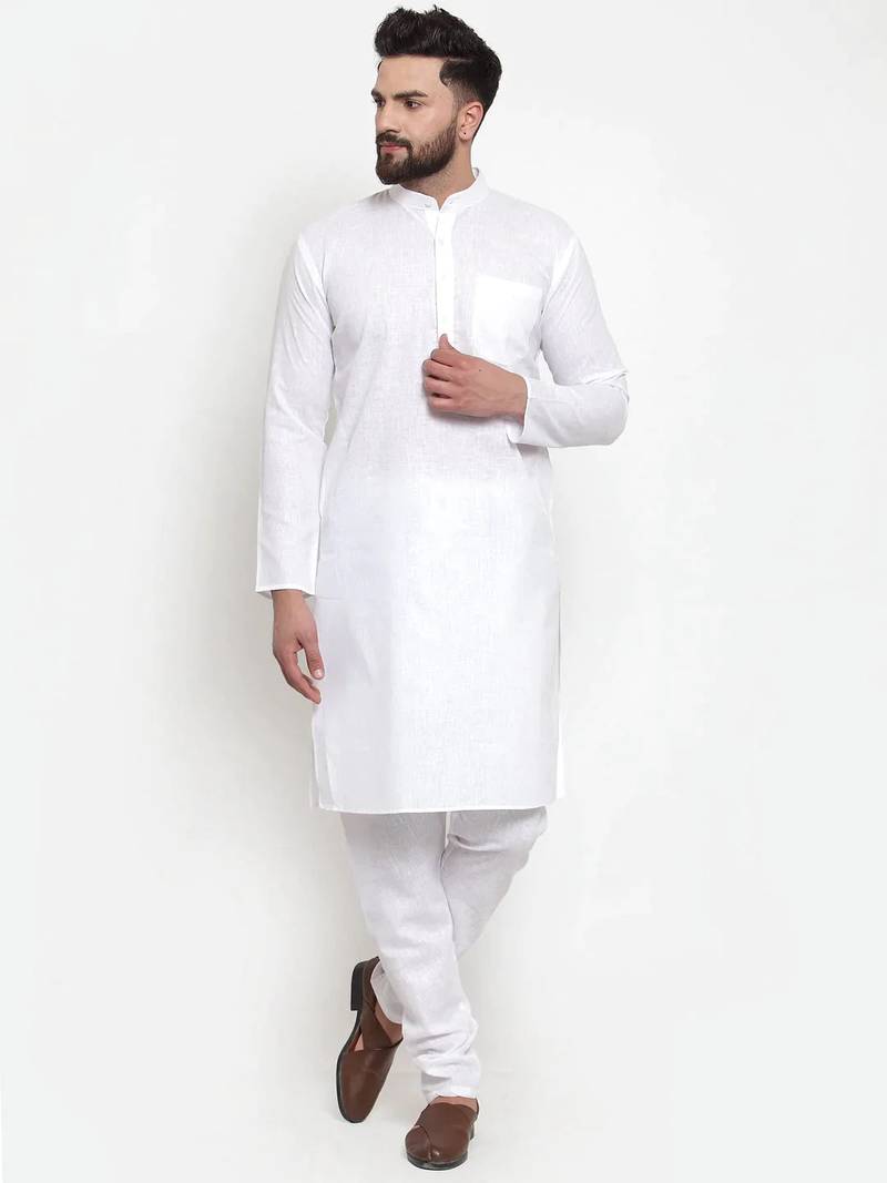 Men white solid cotton kurta pajama