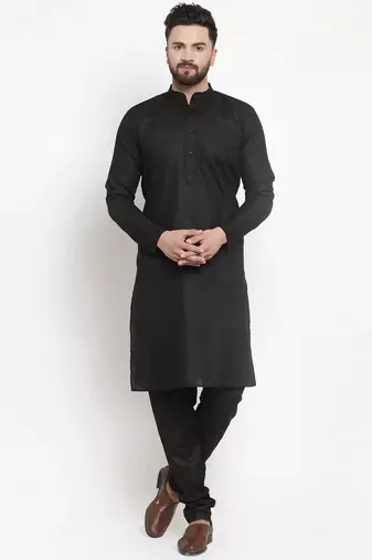 Men black solid cotton kurta pajama