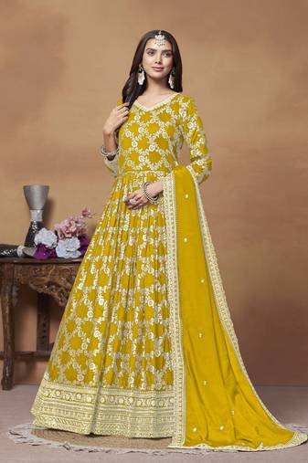 Mustard dola jacquard jacquard woven with thread embroidery work salwar kameez