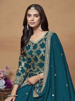 Teal blue dola jacquard jacquard woven with thread embroidery work salwar kameez 2
