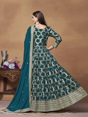 Teal blue dola jacquard jacquard woven with thread embroidery work salwar kameez 3